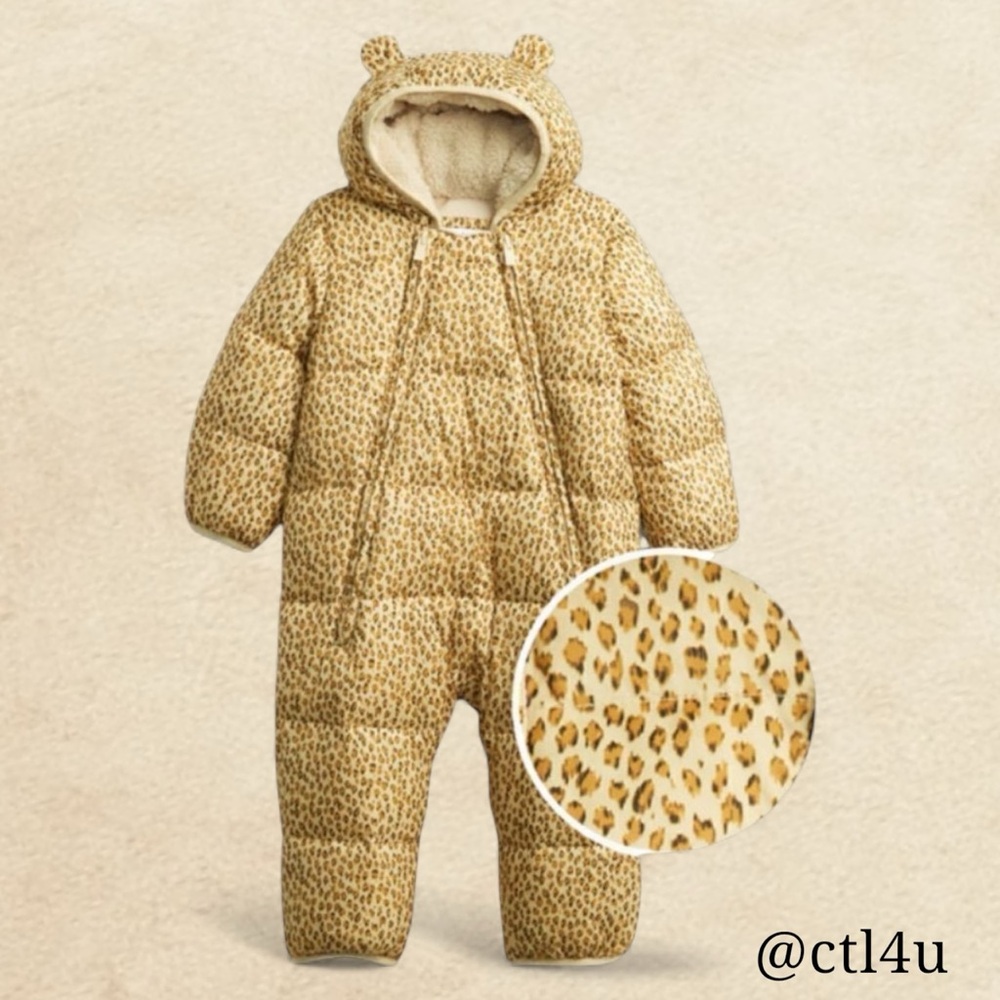 GAP Quilted Puffy Cheetah Print Sherpa Hood Pram Snowsuit 0-6 months